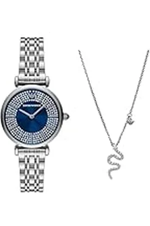 Emporio Armani Reloj de Acero Inoxidable Tono Plateado y Collar de Plata esterlina para Mujer, Conjunto
