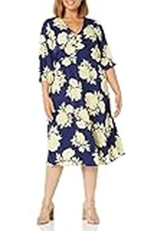TRUTH & FABLE Marca Amazon - Vestido Midi Evasé de Flores Mujer, Azul (Floral), 42, Label: L