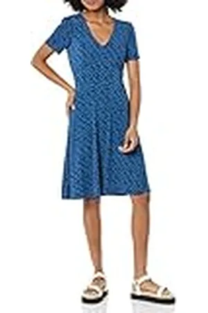 Amazon Vestido Acampanado Fruncido con Cuello en Pico y Manga Corta Mujer, , L