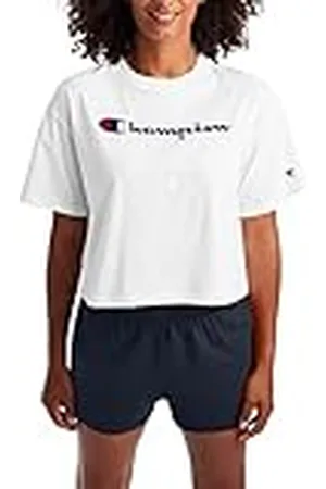 Champion T, Classic Cropped Shirt for Women, Crop Top tee Shirts Camiseta, con la Leyenda Blanco, M para Mujer