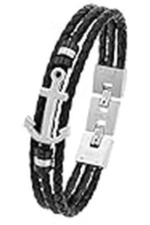QS by s.Oliver Pulsera de acero inoxidable de cuero de los hombres de la joyería del brazo, 20+1.5 cm, bicolor, ancla, viene en caja de regalo de joyería