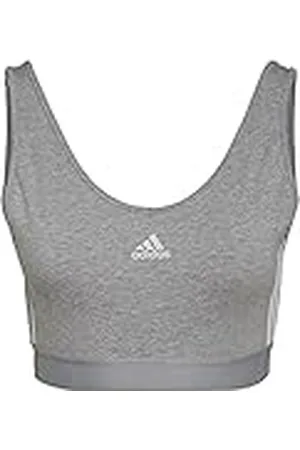 adidas Mujer Essentials 3-Stripes Crop Top with Removable Pads, Medium Grey Heather/White, L