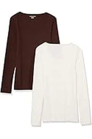 Amazon Jersey Ajustado Acanalado con Cuello Redondo (Disponible en Tallas Grandes) Mujer, Pack de 2, , L