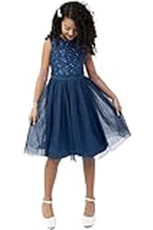 Maya Deluxe Midi Dress for Girls Sequins Embellished Party Tutu Bridesmaids Wedding with Belt Bow Vestido, , 9-10 años para Niñas