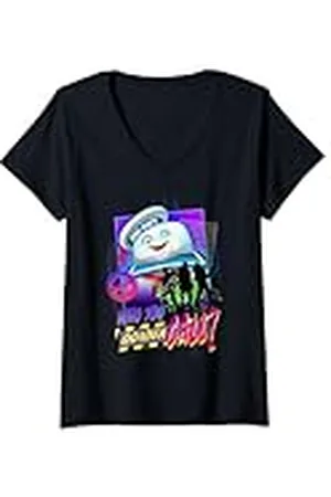 Ghostbusters Mujer Cazafantasmas ¿A quién llamarás? póster retro de neón Camiseta Cuello V