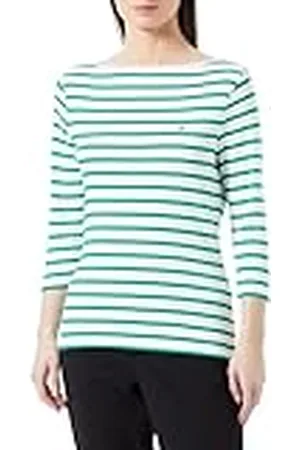Tommy Hilfiger Camiseta de Manga Larga para Mujer Slim con Cuello Barco, Multicolor (Breton Ecru/Olympic Green), XXS