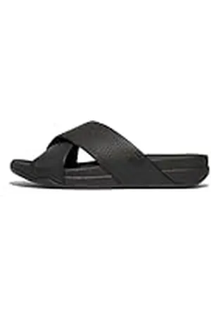 FitFlop Surfer Mens Tumbled-Leather Cross Slides, Sandalias deslizantes Hombre, Black, 42 EU Ancho