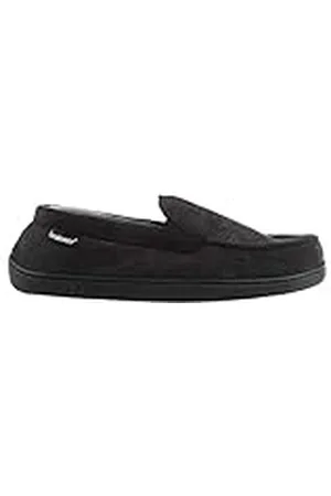 Isotoner Pantuflas tipo mocasín de pana para hombre con espuma viscoelástica refrescante para comodidad en interiores y exteriores, Black, 10 UK