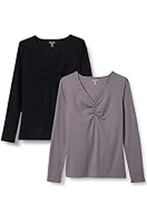Amazon Camiseta Ajustada de Manga Larga de Punto Trenzado con Cuello de Pico ceñido Mujer, Pack de 2, , S