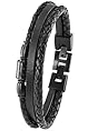 QS by s.Oliver Brazalete de acero inoxidable carbono/cuero joyería de brazo para hombre, 20+1.5 cm, plata, Viene en caja de regalo de joyería
