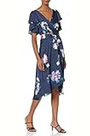 DKNY Double Ruffle Sleeve Asymmetrical Hem Faux Wrap Dress Vestido, , 40 Mujeres