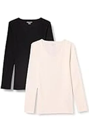 Amazon Top interior en punto acanalado con cuello de pico, manga larga y corte entallado (disponible en tallas grandes) Mujer, Pack de 2, , XS