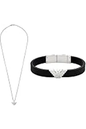 Emporio Armani Hombre Collar y Pulsera de Acero Inoxidable Plateado y Silicona, Set