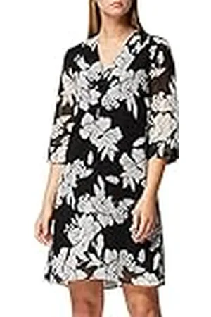 TRUTH & FABLE Marca Amazon - Vestido Midi Evasé de Gasa Mujer, Multicolor (Black/White Floral), 38, Label: S