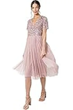 Maya Deluxe Embellished Midi Evening Dress Women Ladies V Neckline with Short Sleeve For Prom Wedding Vestido de Dama de Honor, Rosa Esmerilado, 42 para Mujer