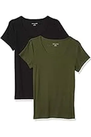 Amazon Camiseta Entallada con Cuello Redondo y Mangas Casquillo Mujer, Pack de 2, , XL