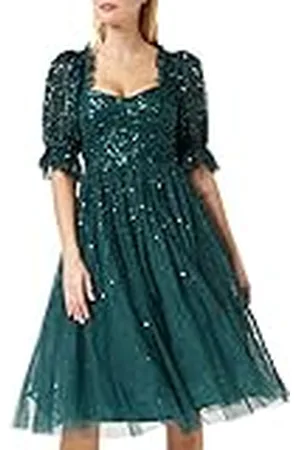 Maya Deluxe Ladies Dress Women Midi Sequin Embellished Frilly Sweetheart Neckline Puffed Sleeves for Wedding Guest Prom Evening Vestido, , 18 para Mujer