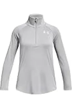 Under Armour Tech Graphic 1/2 Zip Camiseta de manga larga para niña de corte suelto, camiseta con cremallera media para entrenar o jugar al fútbol, color gris claro jaspeado/plateado metálico