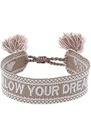 Engelsrufer Pulsera de mujer de poliéster y algodón en color beige y blanco con bordado FOLLOW YOUR DREAMS – Cierre de cordón – Tamaño ajustable, 15,5-25 cm, Poliéster Lana