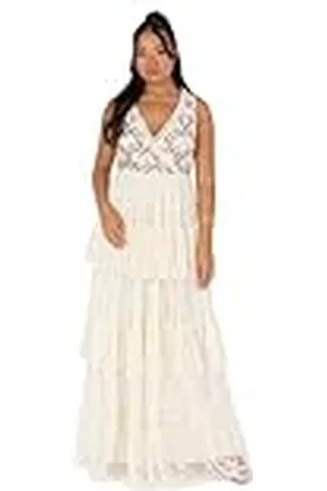 Maya Deluxe Largo para Mujer, Sin Mangas, Cuello En V, con Volantes, Lentejuelas, Bordado, Tul, Acampanado, Vestido de Baile, , 50