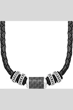 QS by s.Oliver Collar de acero inoxidable de carbono / cuero collar de los hombres, 47 + 3 cm, plata, viene en caja de regalo de joyería