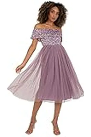 Maya Deluxe Ladies Bardot Dresses Women Midi High Empire Waist Sequins Embellished Formal Evening for Wedding Guest Vestido de Dama de Honor, , 18 para Mujer