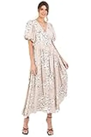 Lovedrobe Vestido Largo para Mujer con Mangas Cortas abombadas, Cuello en V, Lazo en la Cintura, Acampanado, Estampado Floral, Verano, , 52