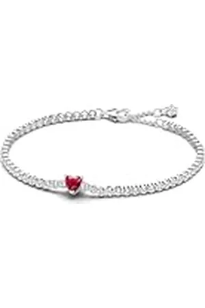 PANDORA Timeless Pulsera de tenis con corazón de de ley con cristales rojos y circonitas cúbicas transparentes, 20