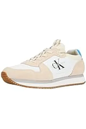 Calvin Klein Zapatillas para Hombre Runner Sneaker Sock Laceup de Nailon y Piel Deportivas, Beige (B White/Creamy White/Malibu Blu), 40