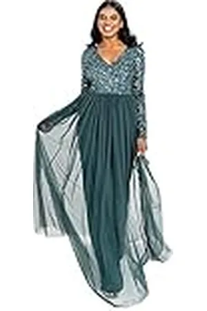 Maya Deluxe Womens Ladies Dress Sleeve for Wedding Guest V Neck High Empire Waist Maxi Long Length Evening Bridesmaid Prom Vestido, , 28 para Mujer