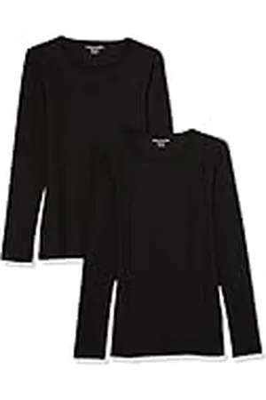 Amazon Top Ajustado de Punto Acanalado de Manga Larga con Cuello Redondo (Disponible en Tallas Grandes) Mujer, Pack de 2, , XS