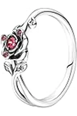 PANDORA Disney Anillo con diseño de rosa de La Bella y la Bestia en plata de ley con circonitas cúbicas rojas y transparentes, talla 48
