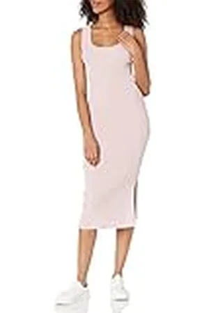 THE DROP Yasmin Vestido Midi de Tirantes de Punto de Canalé para Mujer, Rosa Hielo, S