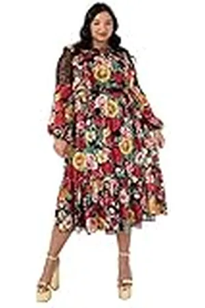 Lovedrobe Womens Plus Size Dress Ladies Midi Evening Gown Long Sleeve Mesh Collar Roses A Line Cut Party Vestido, 20 para Mujer