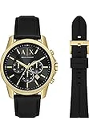 Armani Exchange Reloj Hombre, Movimiento cronógrafo, caja 44mm Acero Inoxidable Dorado con correa Piel Pro-Planet, AX7133SET