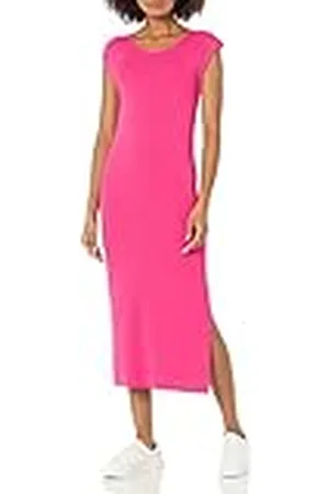 THE DROP Laila Vestido Midi de Punto con Detalle Retorcido en la Espalda y Hombreras para Mujer, , XS