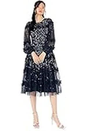 Maya Deluxe Vestido Midi para Mujer de Manga Larga con Lentejuelas Embelladas, para Invitados de Boda, Despedida de Soltera, , 42