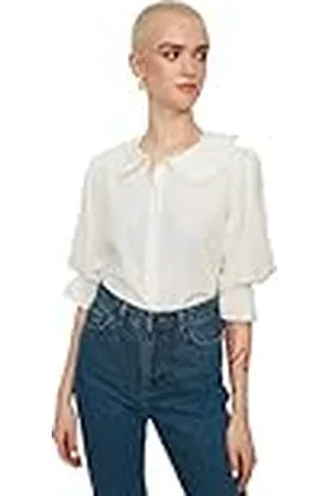 Trendyol Camisa Tejida con Cuello Peter Pan estándar Regular para Mujer, Crudo, 38