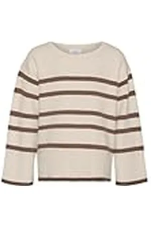 VERO MODA Vmsaba LS - Jersey con Cuello Redondo Jersey de Punto, Mujer, Birch/Stripes:Brown Lentil, 48-50