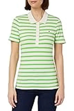 Tommy Hilfiger Mujer Polo de Manga Corta 1985 Slim Pique Slim Fit, Blanco (Breton Stripes W White/Spring Lime), M