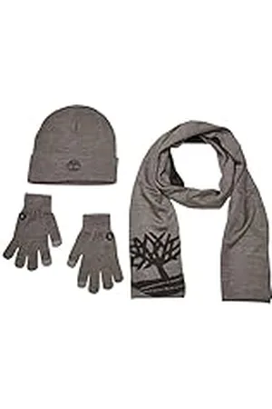 Timberland Bufanda de Doble Capa, Gorro y Guante Beanie, Color Gris Claro, Talla única para Hombre