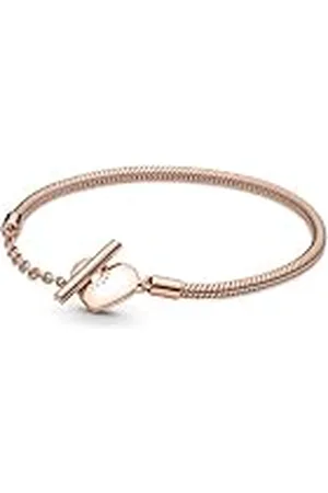 PANDORA Moments Pulsera con cadena de serpiente chapada en oro de 14 quilates con cierre en forma de corazón y barra en T, 17