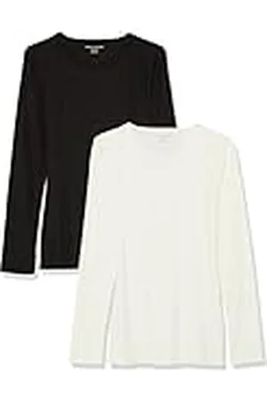 Amazon Top Ajustado de Punto Acanalado de Manga Larga con Cuello Redondo (Disponible en Tallas Grandes) Mujer, Pack de 2, , S