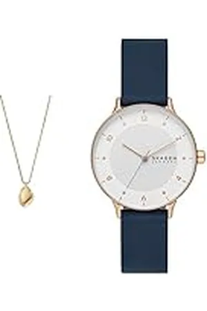 Skagen Collar para Mujer Kariana Gold-Tone Collar con Colgante de Acero Inoxidable Reloj para Mujer, Riis Three Hand Movement, Reloj De Piel/Acero Inoxidable