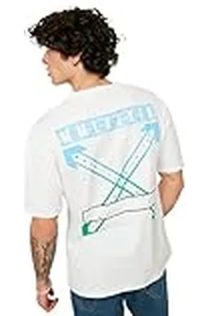 Trendyol Camiseta de Manga Corta para Hombre, Ajuste Relajado, Cuello Redondo, Estampado, , S