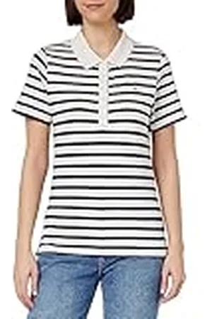 Tommy Hilfiger Mujer Polo de Manga Corta 1985 Slim Pique Slim Fit, Blanco (Breton Stripes W White/Desert Sky), XL