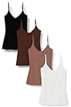Amazon Camiseta Interior Ajustada de Punto con Cuello de Pico (Disponible en Tallas Grandes) Mujer, Pack de 4, , M