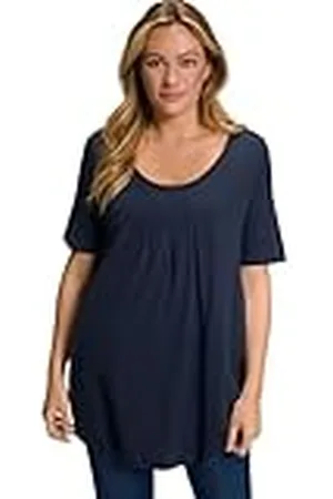 Ulla Popken Camiseta, Plisados Decorativos, línea A, Cuello Redondo, Medias Mangas, Modal, , 52-54 para Mujer