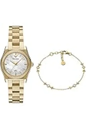 Emporio Armani Mujer Reloj de Acero Inoxidable Dorado y Pulsera de Plata de Ley, Set