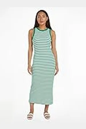 Tommy Hilfiger Slim 5x2 Str Rib Midi Dress NS Ww0ww41996 Vestido Entallado, White (Mini STP Olympic Green/White), M para Mujer